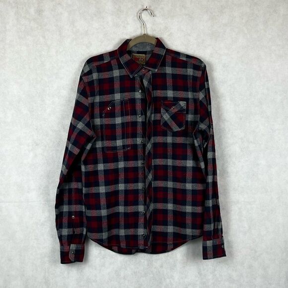 Vintage Red SzM Red Blue Gray Flannel Plaid Button Up Shirt - Picture 1 of 8
